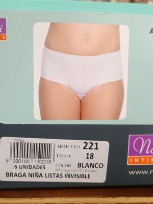 Caja original de 6 unidades de braga de niña Naiara modelo 221 listas invisible. Talla 18 color blanco.